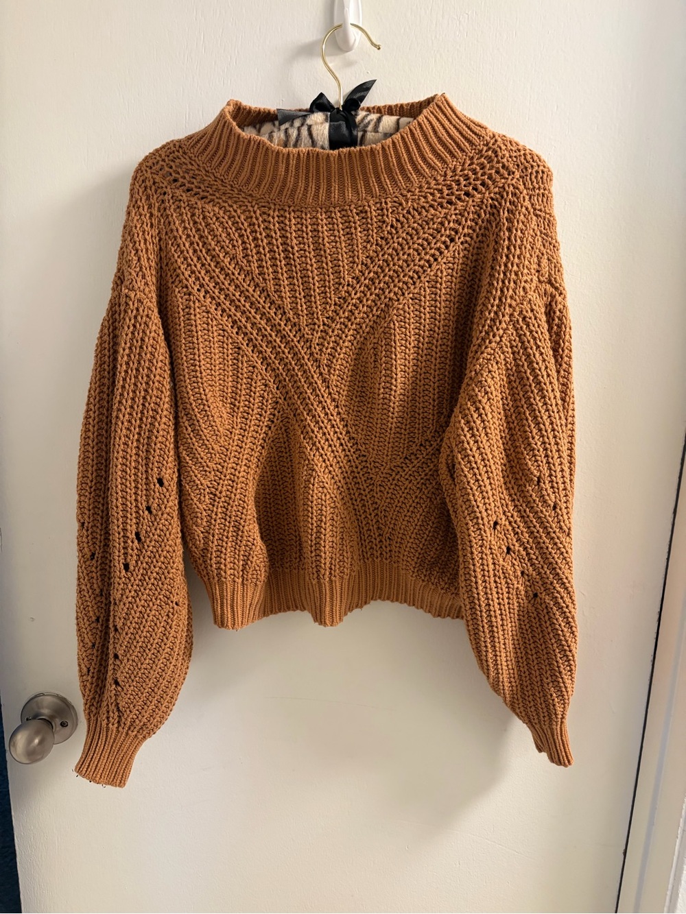 BP Nordstrom Cognac Cable Knit Balloon Sleeve Mock Neck Sweater Camel XS